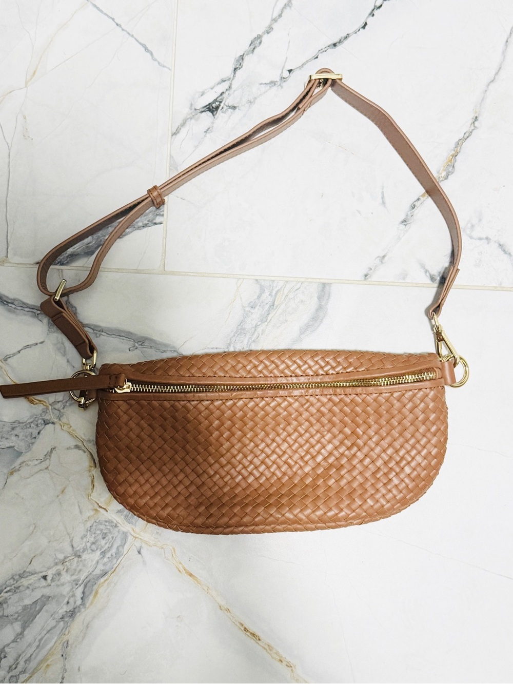 Quince Sloane Woven Leather Crossbody Bag in Cognac Brown